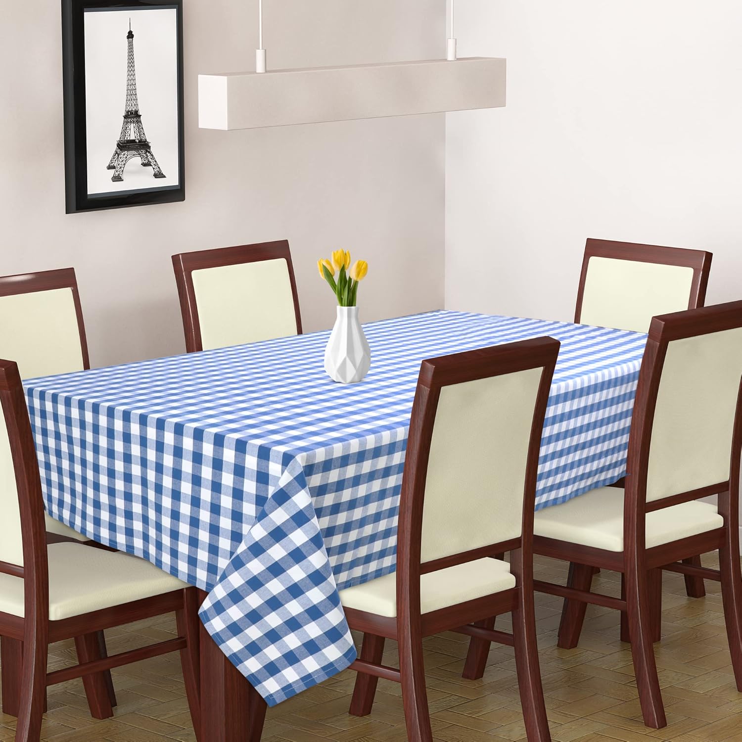 Urban Villa – Mantel de mesa 100% algodón, para uso diario, cenas familiares o fiestas en interiores o exteriores, a cuadros, color azulblanco,