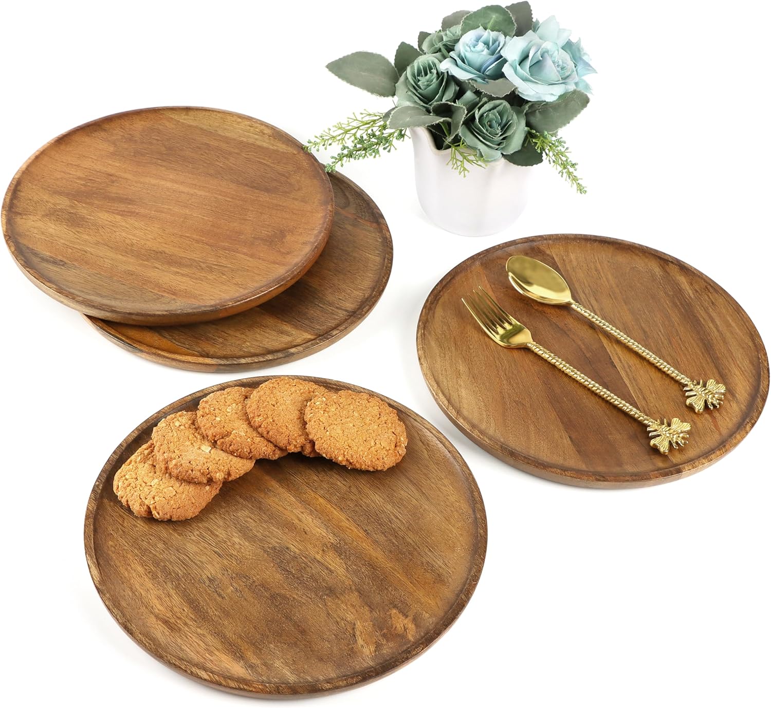 Juego de 4 platos redondos de madera de mango, de 9 pulgadas para servir embutidos, sushi, postre, pan de madera, tabla de servir charcutería para