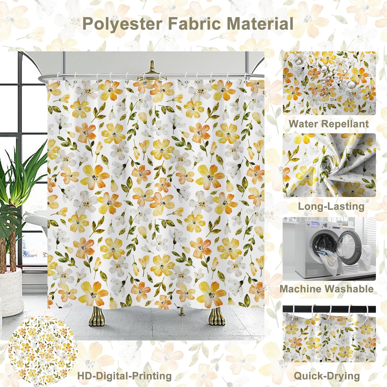 Cortina de ducha con flores amarillas, juego de cortina de ducha floral amarilla para baño, cortina de baño de tela de jardín bohemio con ganchos,