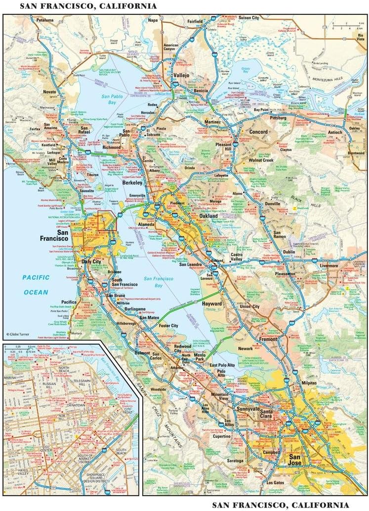 San Francisco, California – Mapa de pared, tamaño pequeño, laminado de 11.25 x 14.5 pulgadas