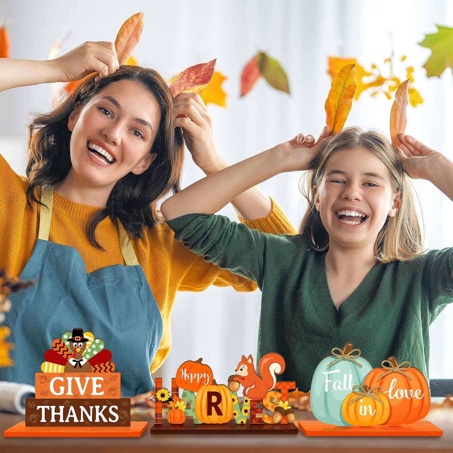 3 carteles de mesa de decoración de Acción de Gracias, letreros de mesa de otoño, centros de mesa, pavo, calabazas, letreros decorativos de madera,