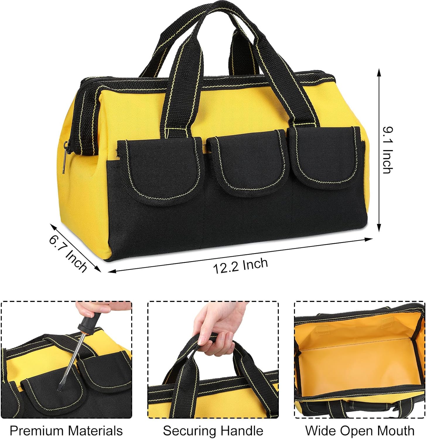 Cunno 12 bolsas de herramientas de 13 pulgadas a granel para hombres, resistentes, boca ancha, múltiples bolsillos, impermeables, parte inferior