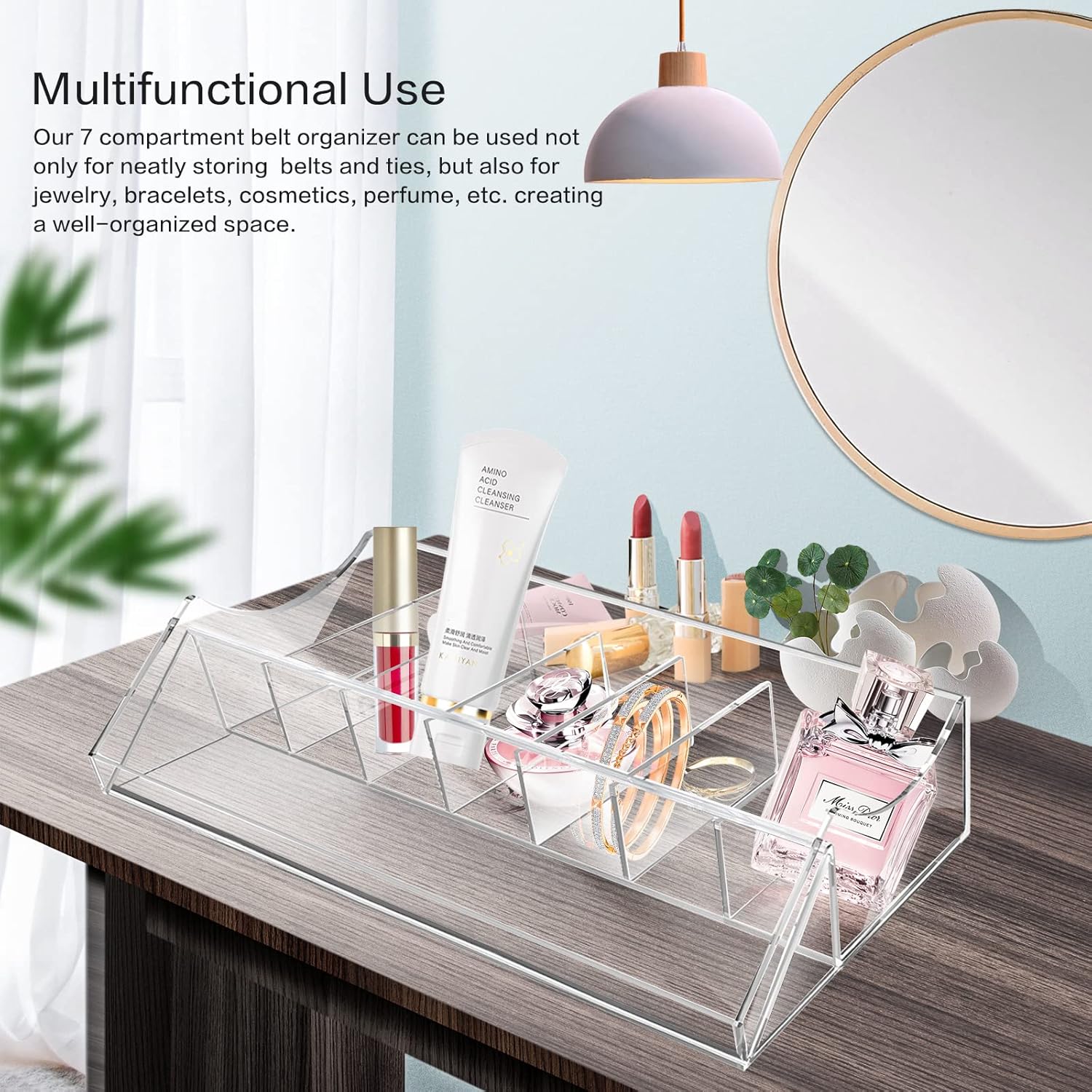 Acrylic Belt Organizer, FODIENS 7 Compartments Belt Storage Holder for Closet Drawer, Clear Belt Box Container Display Case with Display Stand for