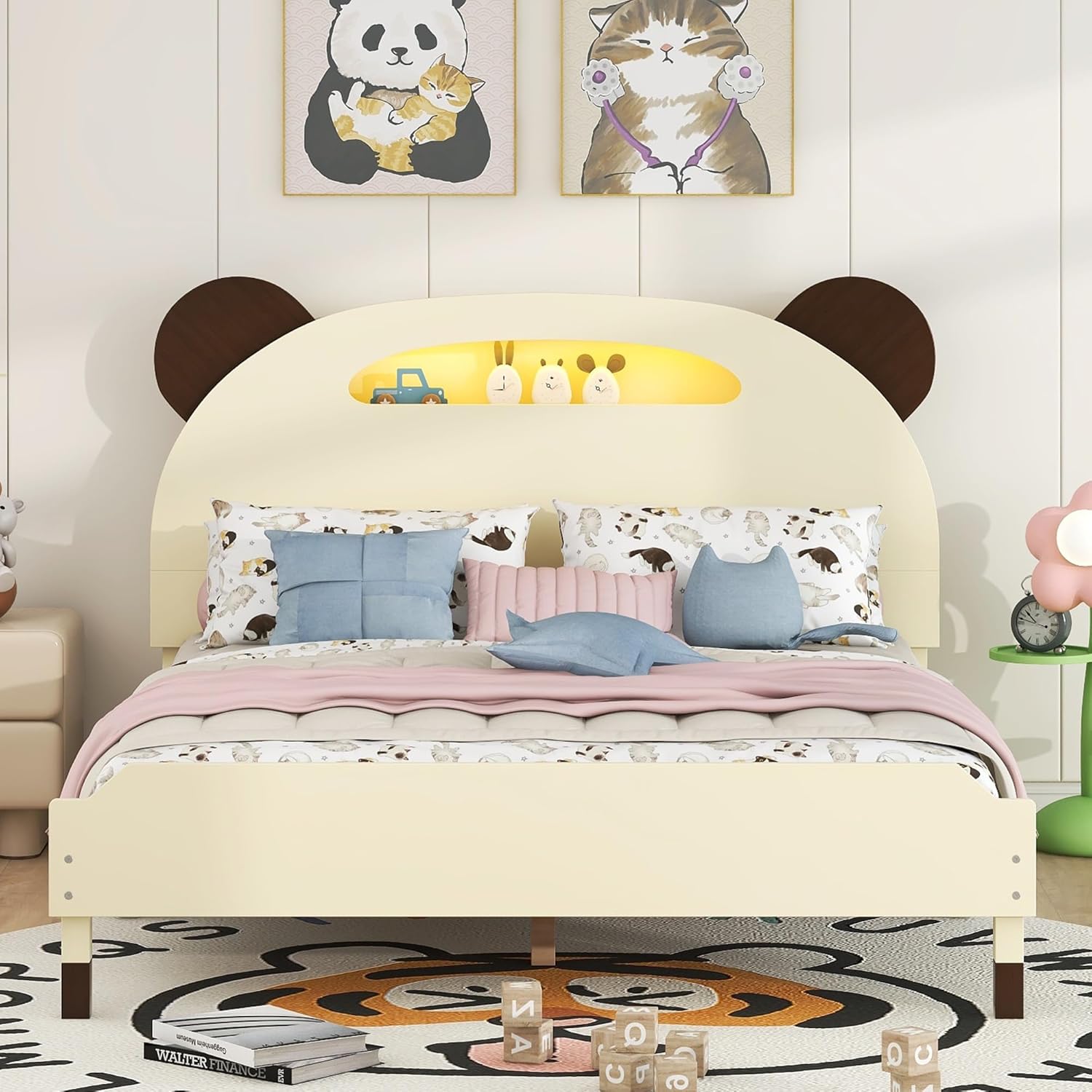 Cama de plataforma de madera de tamaño individual con cabecero en forma de oso, marco de cama de plataforma de madera para niños con luces nocturnas