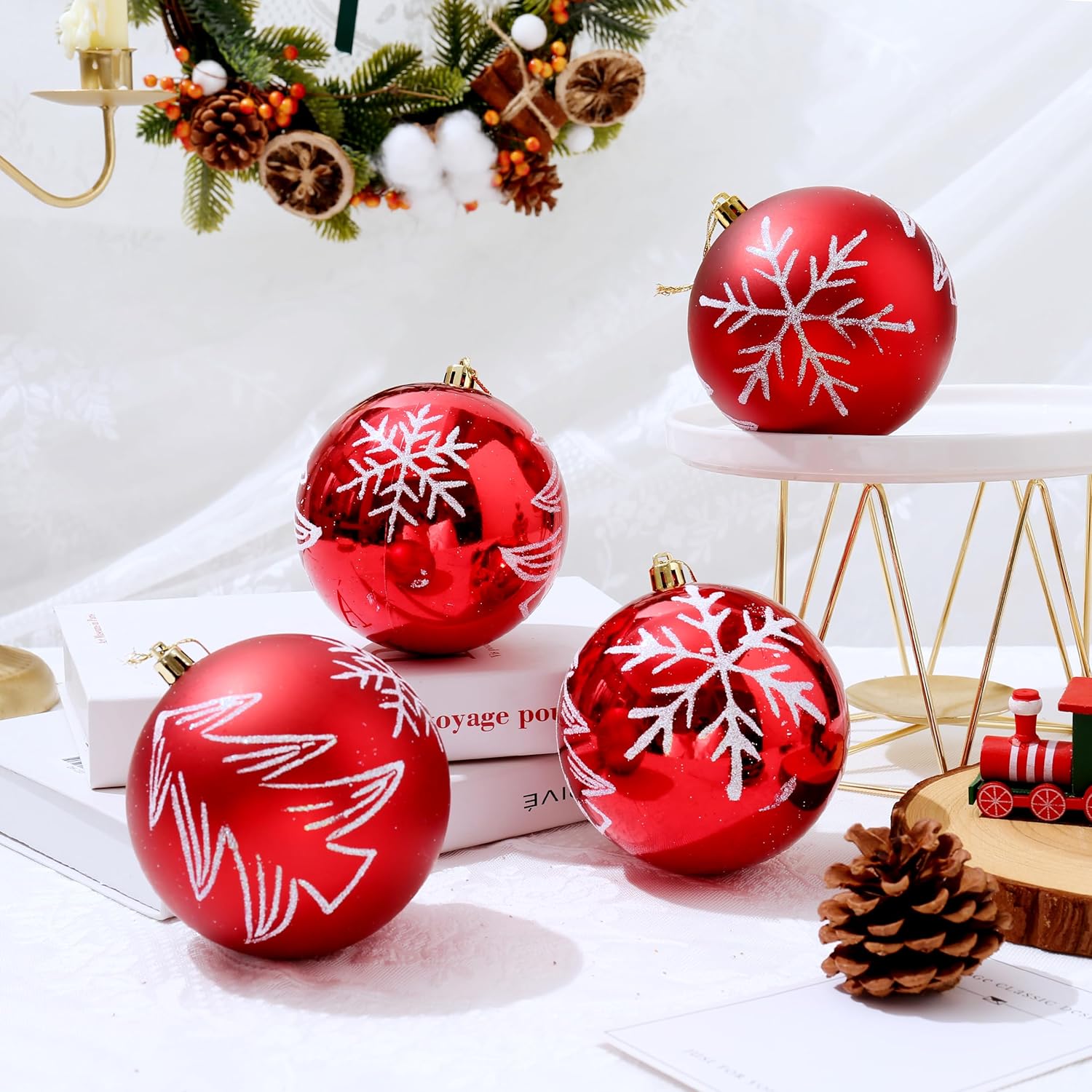Esferas de adorno de Navidad, bolas de pintura extra grandes, juego de 4 pulgadas para colgar en el árbol (rojo)