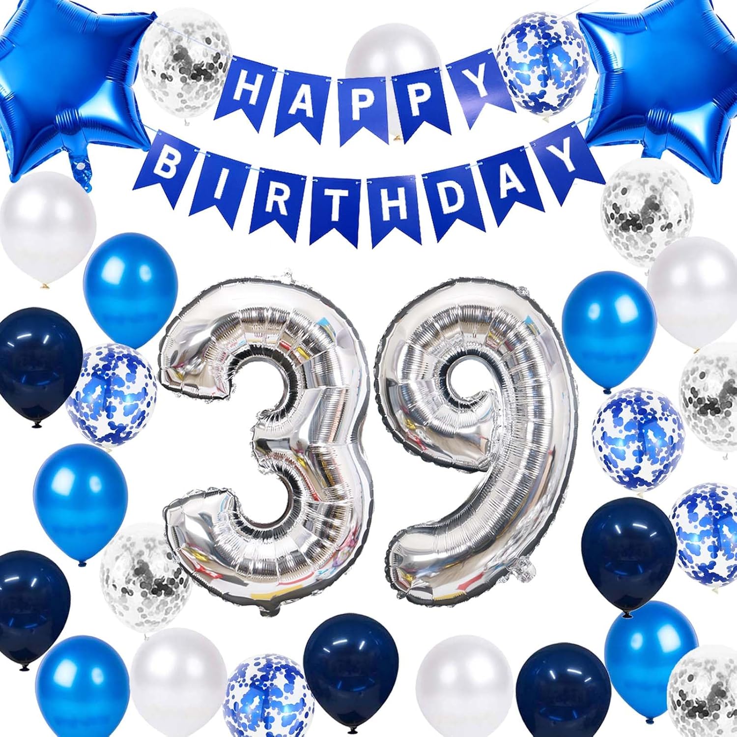Decoración de fiesta de cumpleaños número 39, globos de látex de papel de aluminio con estrella de cumpleaños número 39, globos de látex de confeti