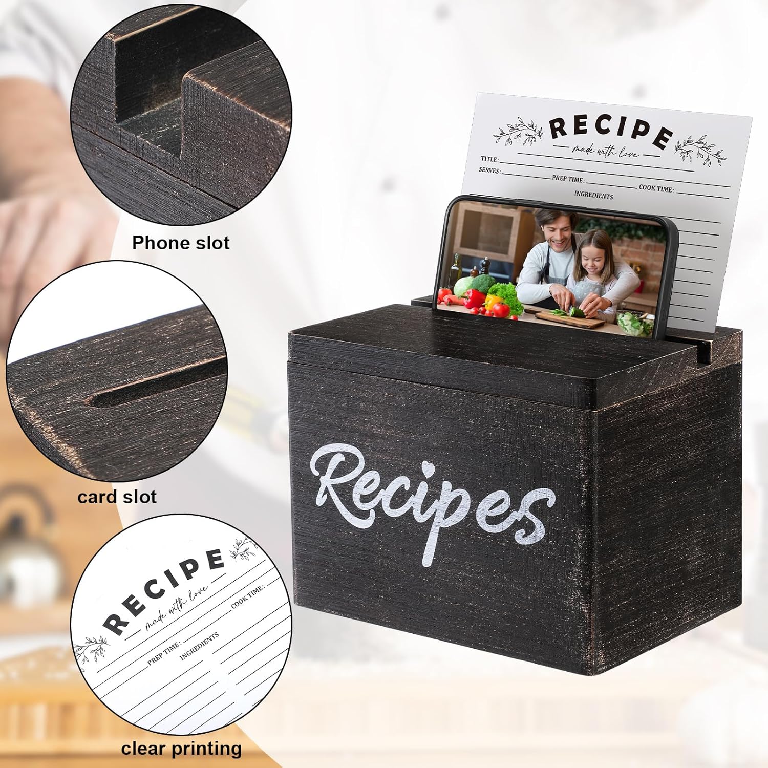 Hoteam Caja de recetas de madera con tarjetas y soporte para tarjetas de recetas de madera rústica con 50 tarjetas de recetas de 5 x 7 pulgadas,