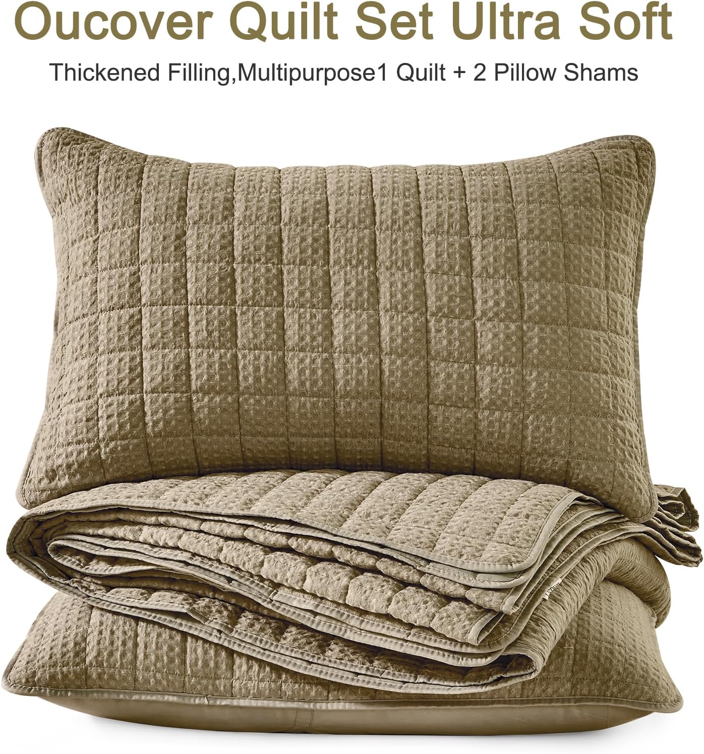 Qucover Juego de ropa de cama de tamaño King de gran tamaño, edredón de gofre beige tamaño King, colcha de colcha marrón topo, 3 piezas, manta