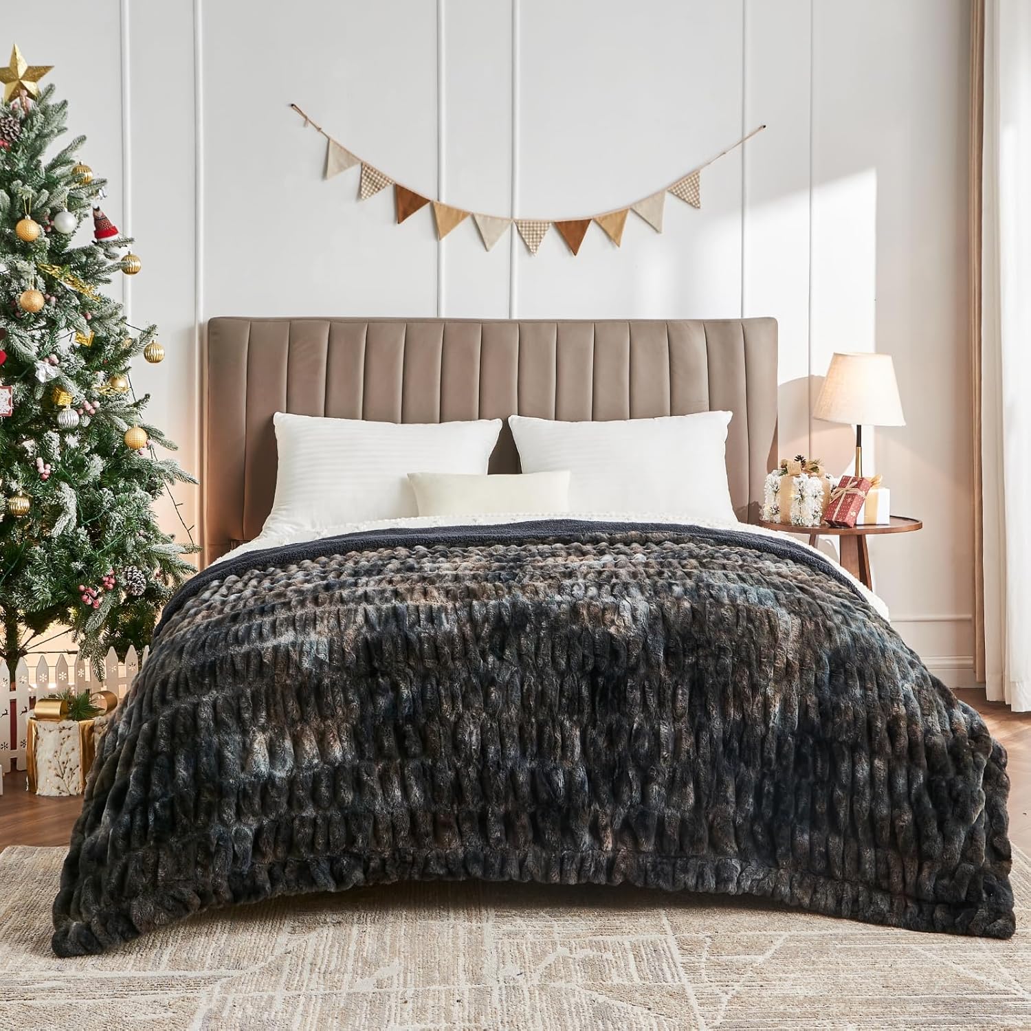 lifein Manta de piel sintética para sofá, manta de felpa negra súper suave de Navidad, acogedora manta gruesa y esponjosa de invierno, cómoda manta