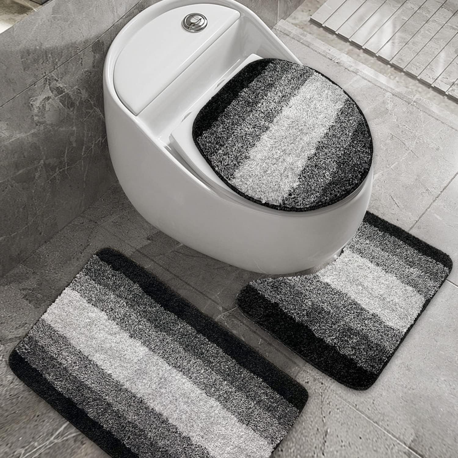 MDEAIEBI Juego de 4 cortinas de ducha de baño, juegos de baño con cortina de ducha y alfombras, cubierta de tapa de inodoro y tapete de baño,
