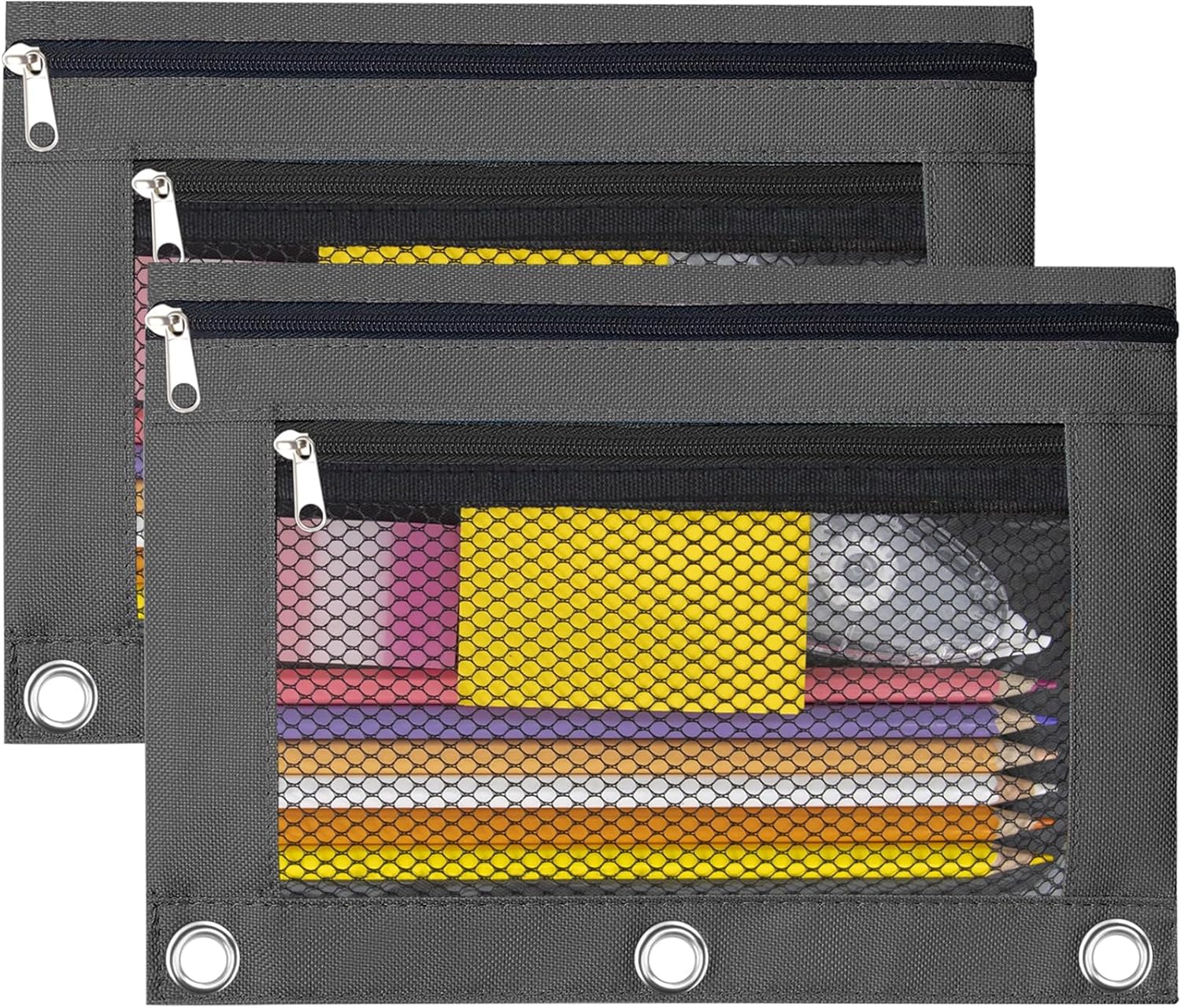 Estuche para lápices con 3 anillas, con cremallera, estuche para cosméticos, paquete de 2