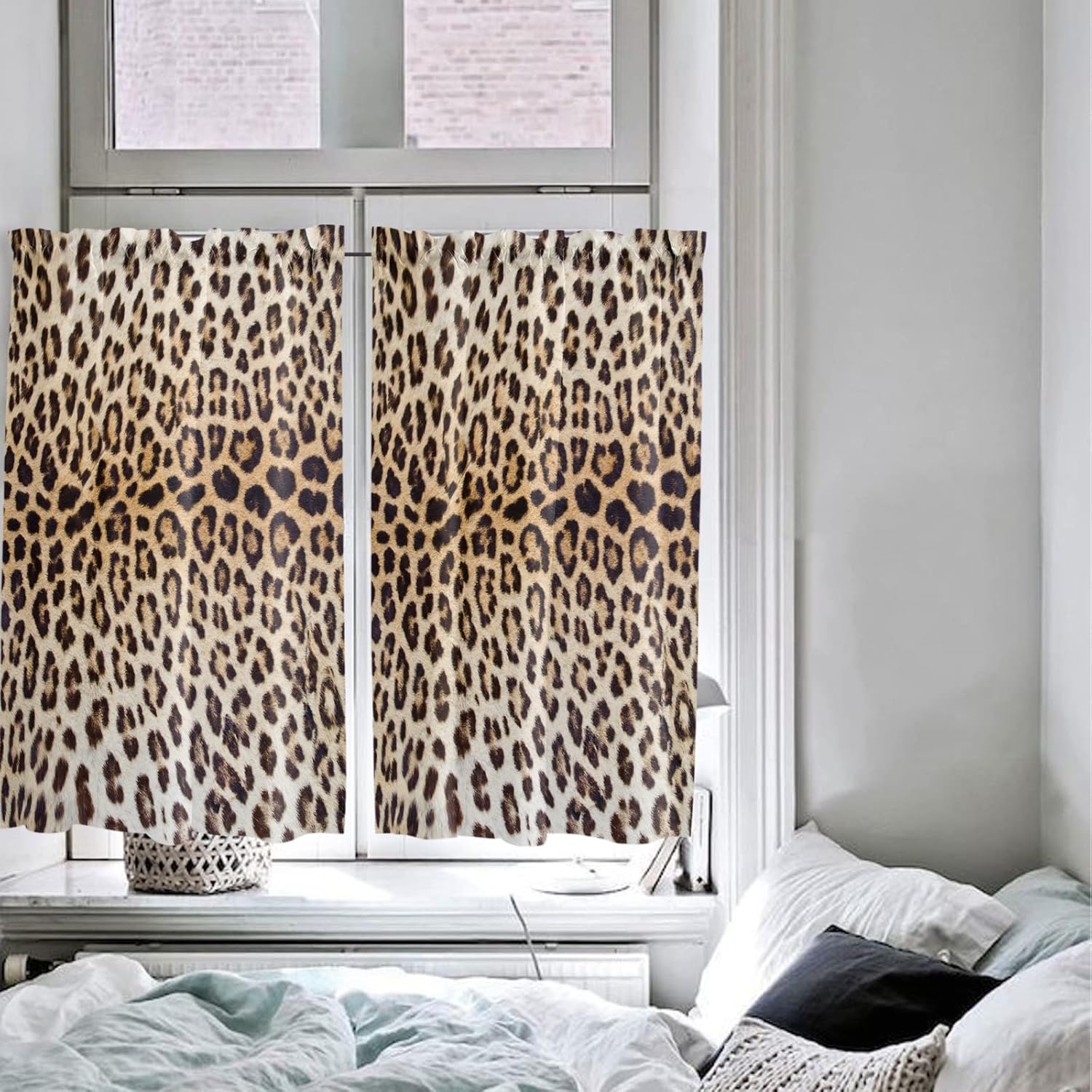 Cortinas con estampado de leopardo para cocina, cenefa de ventana con bolsillo para barra, cortinas cortas filtrantes de luz, 2 paneles con textura
