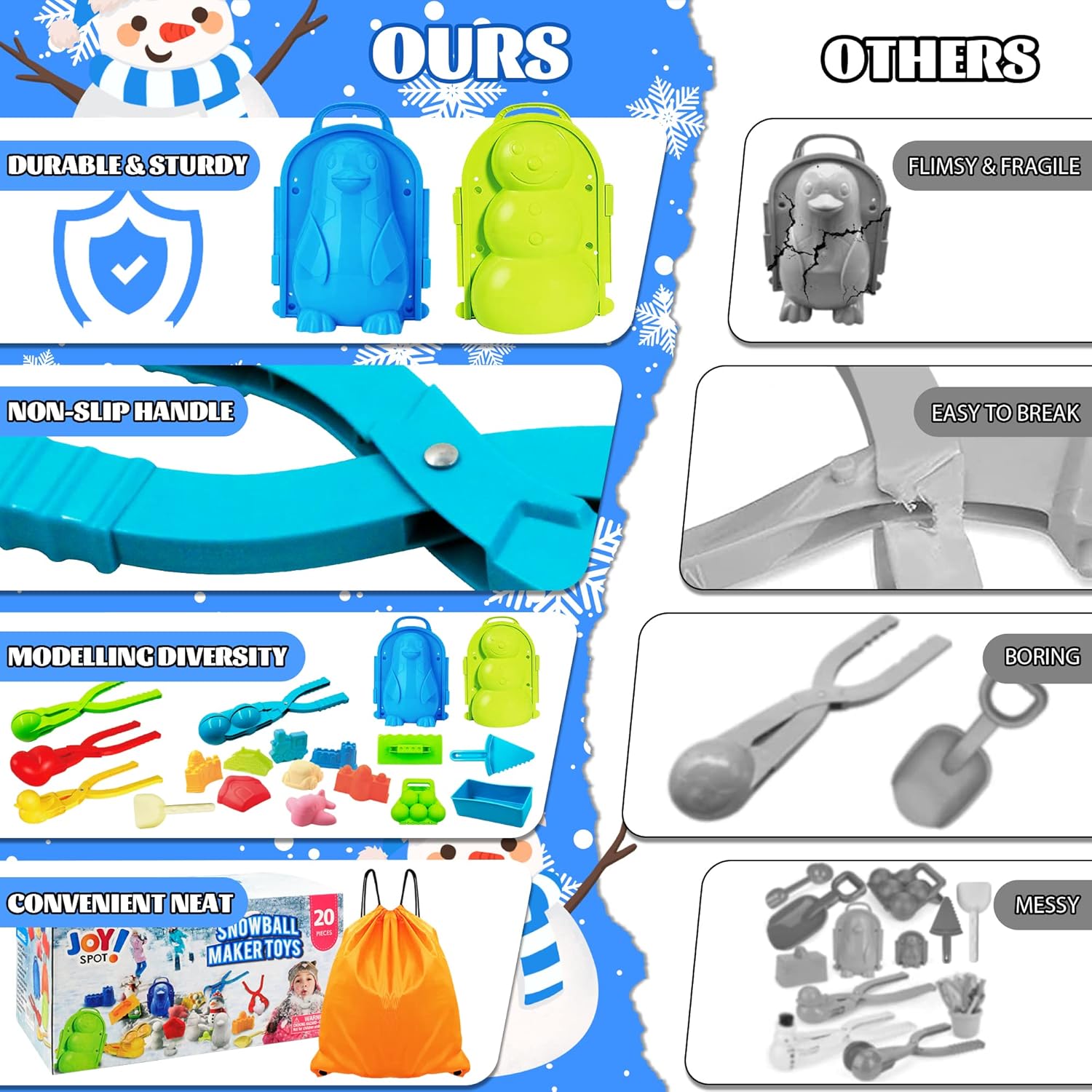 JOY SPOT! 20 herramientas para hacer bolas de nieve, juguetes de nieve para niños y adultos, kit de juego de bolas de nieve, juguetes al aire libre