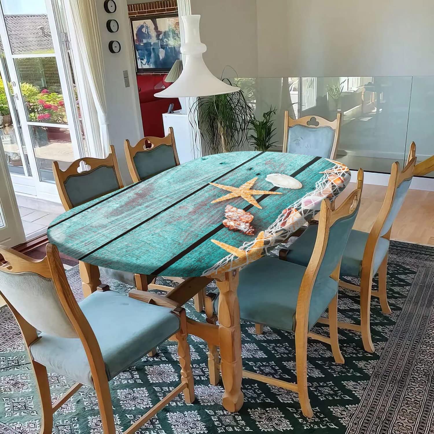RenteriaDecor Mantel ajustable de grano de madera, ovalado, diseño de estrella de mar con conchas y borde elástico, manteles de poliéster para