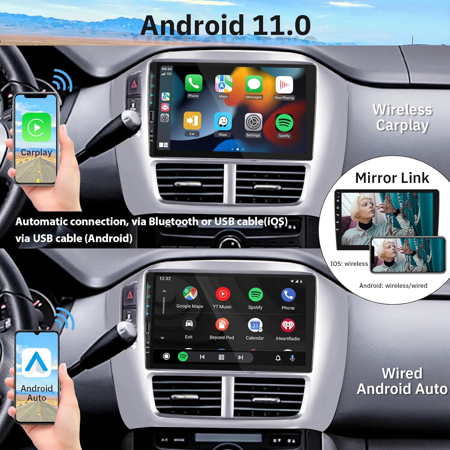 Estéreo de coche Android 2G+64G para Honda Pilot 2006-2008 con Carplay inalámbrico con WiFi navegación GPS reproductor de radio Android Auto 9