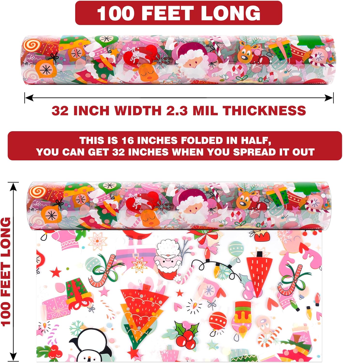 Rollo de celofán de Navidad de 100 pies x 32 pulgadas, bolsas de celofán de Navidad, envoltura de celofán con árbol de Navidad especial de Papá Noel