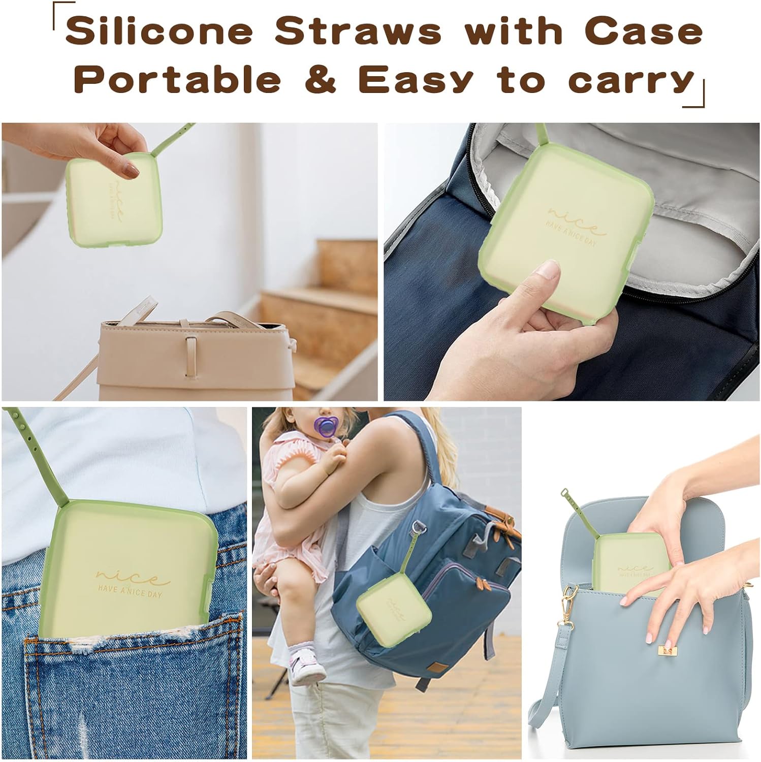 Pajitas de silicona reutilizables, 4 popotes de viaje empalmables con cepillo de limpieza de estuche, popotes de silicona de longitud ajustable para