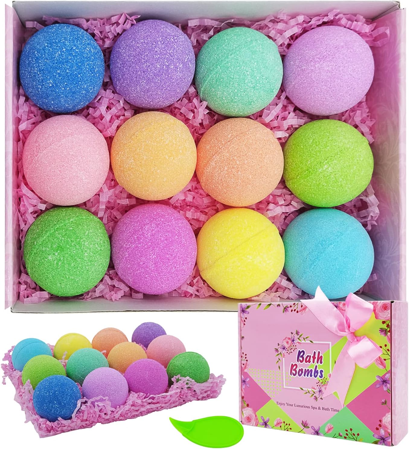 BOENFU Juego de 12 bombas de baño hechas a mano, aceites esenciales naturales orgánicos, hidratan la piel, regalos de lujo para niñas, esposa, mamá,
