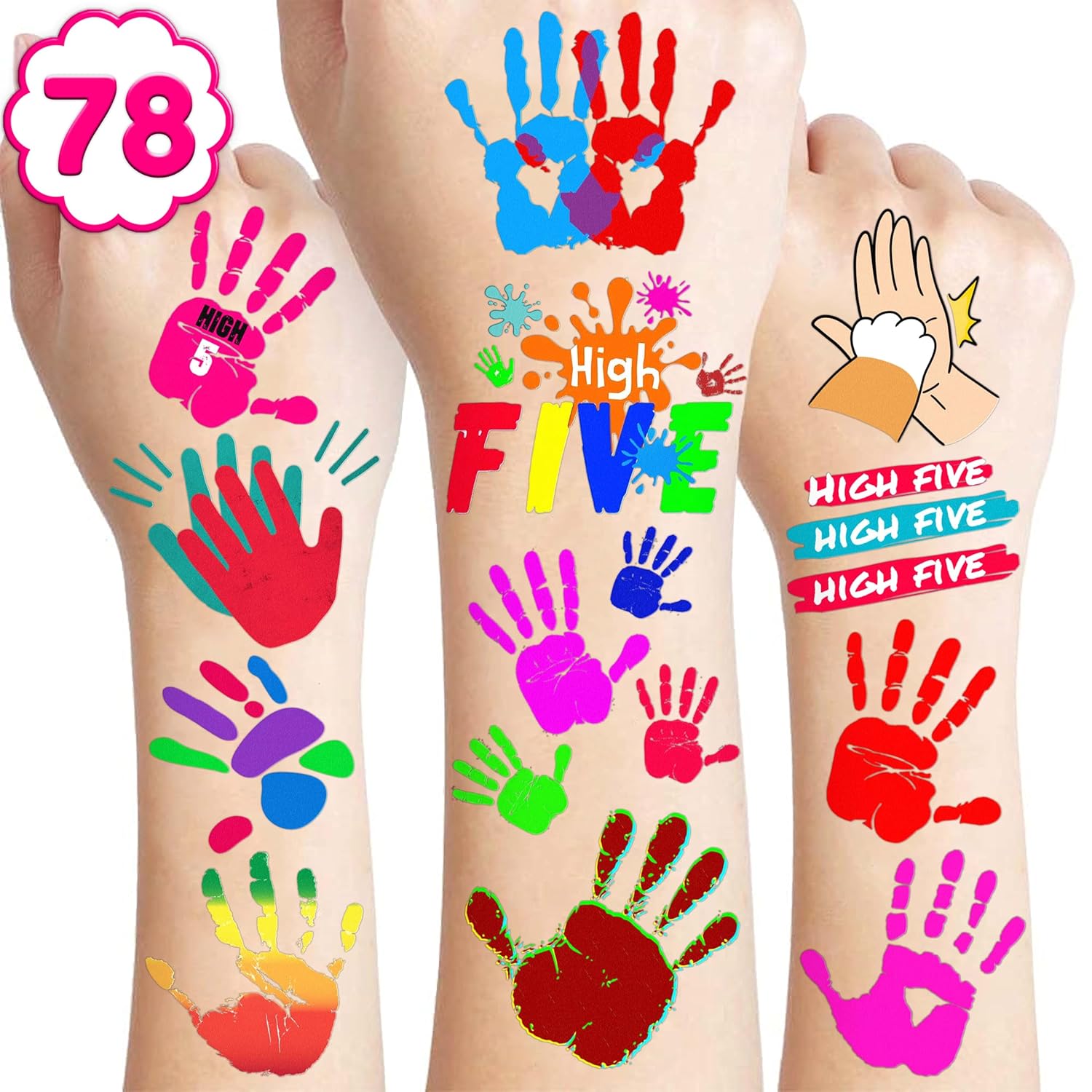 8 hojas (78 piezas) Hi High Five Tattoos Decoraciones de fiesta de cumpleaños, suministros de decoración, calcomanías temáticas para niñas, niños,