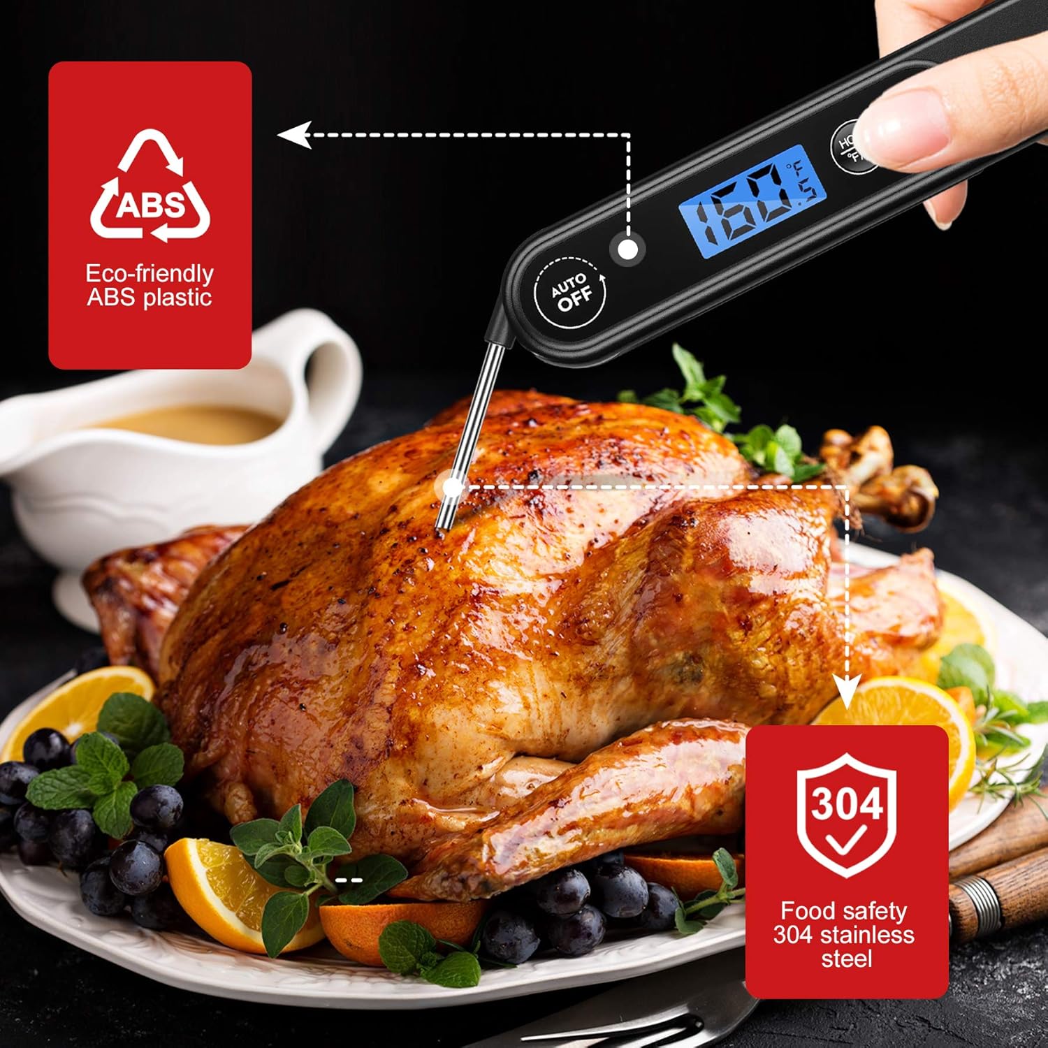 Termómetro de carne para cocinar, termómetro de alimentos de lectura instantánea con luz de fondo, impermeable, termómetro digital de dulces para
