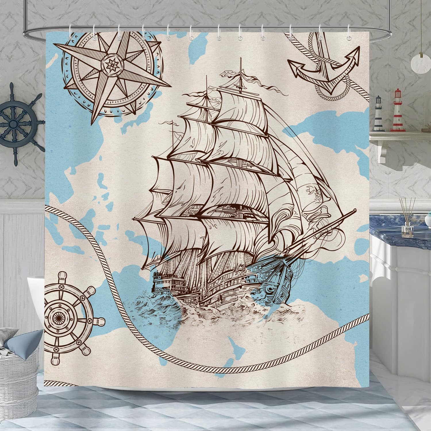 Juego de 4 cortinas de ducha náuticas para baño, juego de cortina de ducha azul con alfombras, cubierta de tapa de inodoro y tapete de baño,