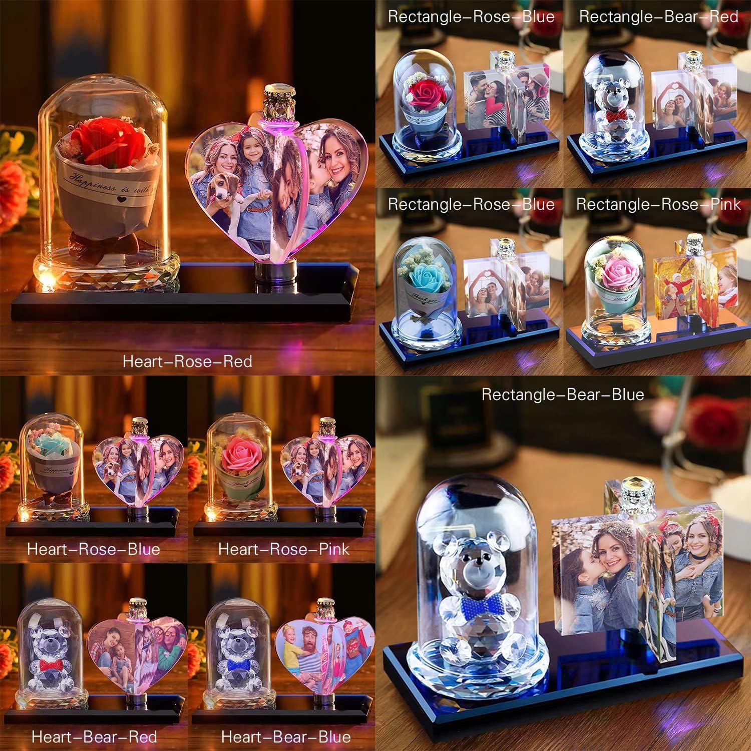 Marco de fotos personalizado en forma de corazón de cristal en forma de corazón de luz de noche de cristal Familia Bebé Madre Amante Daddy Day