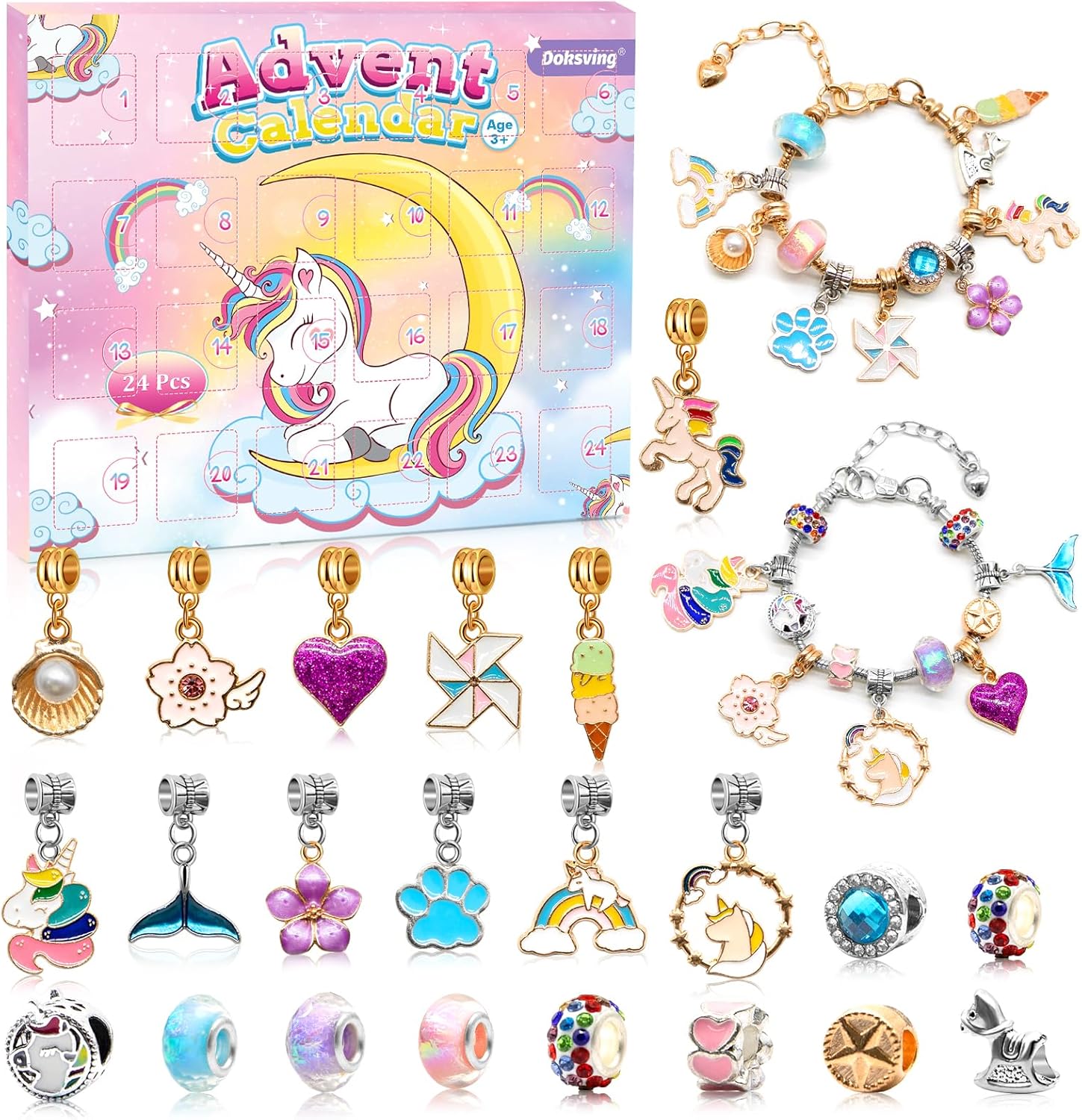 Doksving Calendario de Adviento 2023 para niñas, calendario de cuenta regresiva de Navidad de 24 días con 2 piezas de pulseras con dijes de