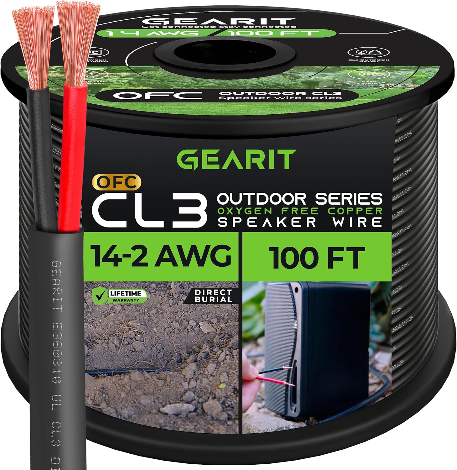 GearIT Pro Serie 14 AWG – Cable de altavoz OFC de calibre 14 AWG CL3, (100 pies 30.48 metros negro) Cobre sin oxígeno UL, clasificado CL3 para