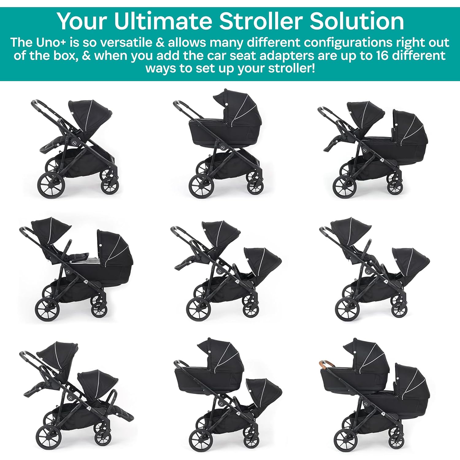 KidCo Uno+ – Cochecito convertible de lujo individual a doble para recién nacidos a niños pequeños, portátil y plegable, color negro Allegra