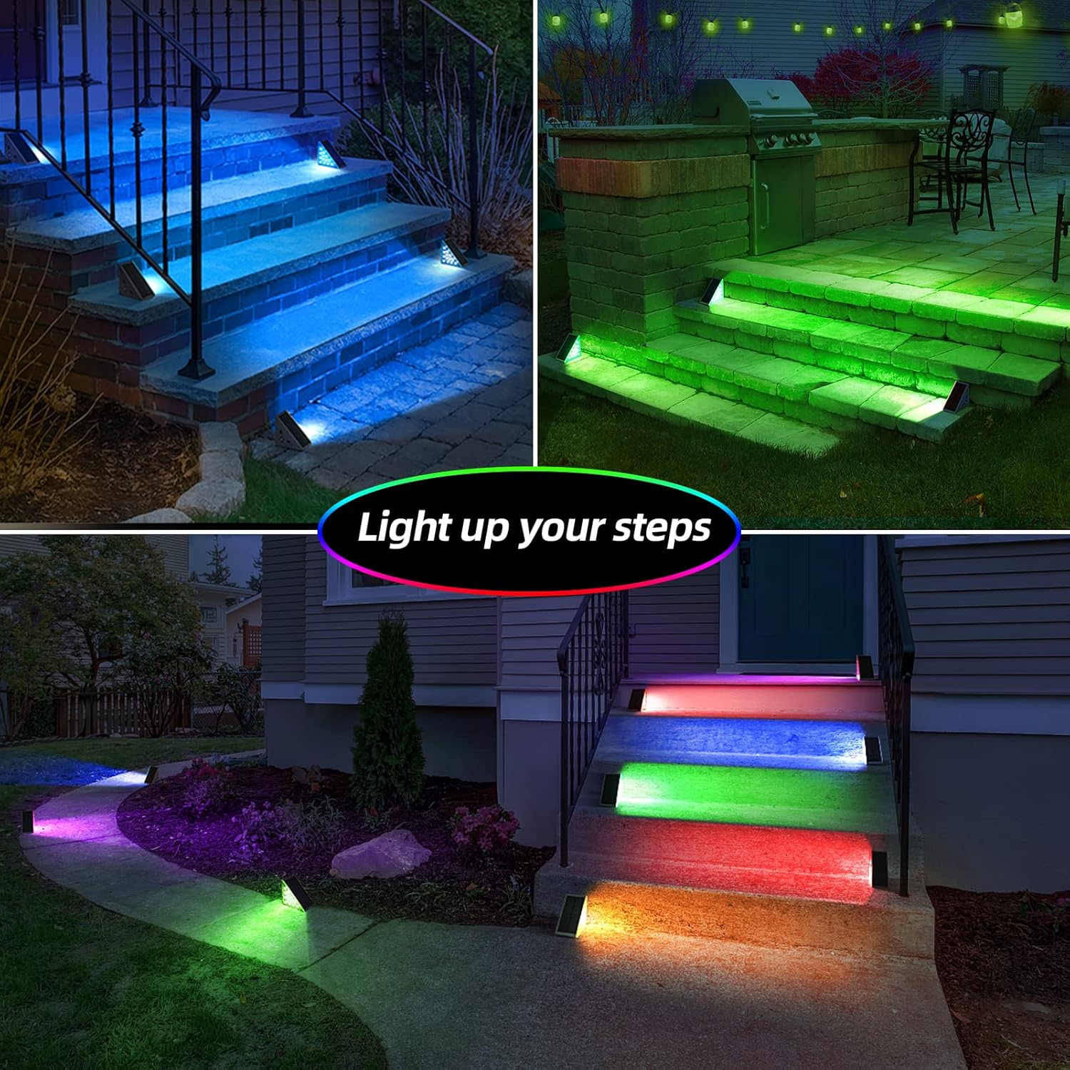 NIORSUN Luces solares para exteriores, paquete de 4 luces solares RGB que cambian de color sólido para escaleras, impermeables, IP67, encendido y