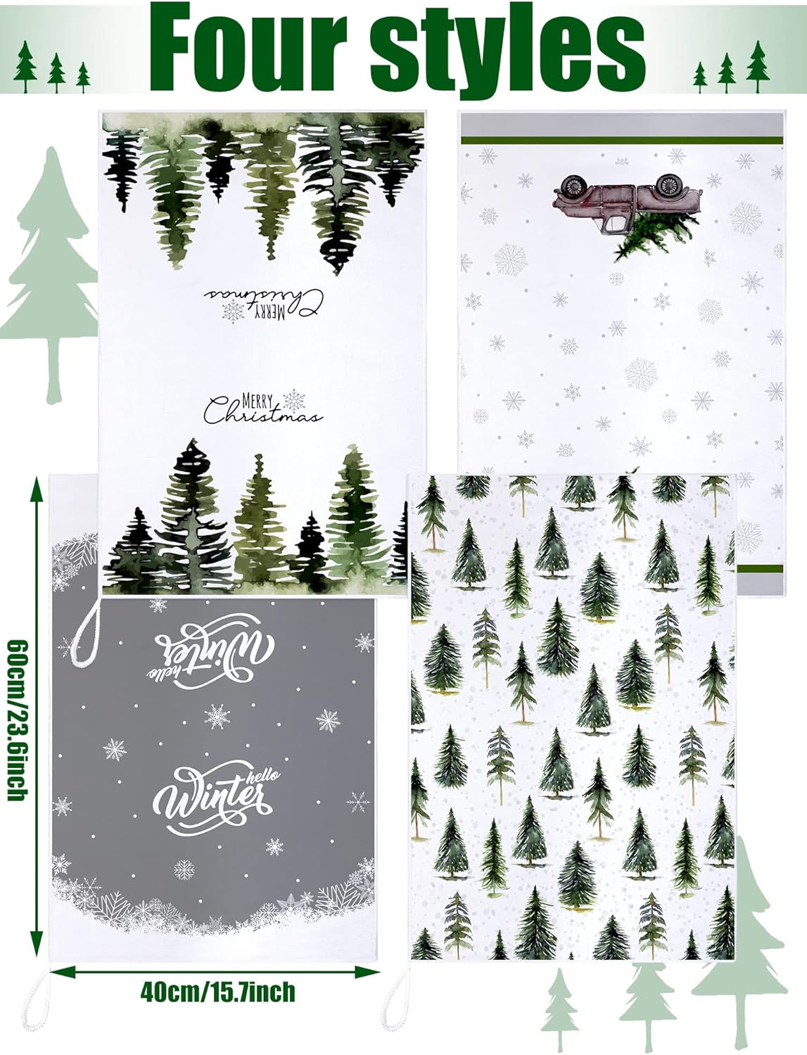 Bencailor 4 toallas de cocina de Navidad a cuadros de búfalo, paños de cocina de invierno, copos de nieve, camiones, toallas de mano, paños de