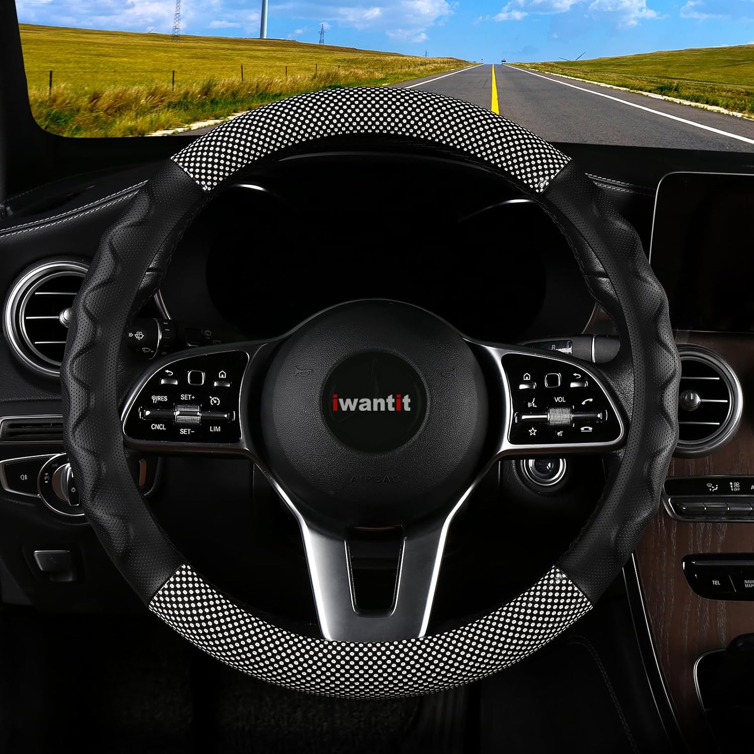 Iwantit Fundas de gel para volante, de piel con lunares y anillo interior antideslizante, ajuste universal de 14.5-15 pulgadas para automóviles,