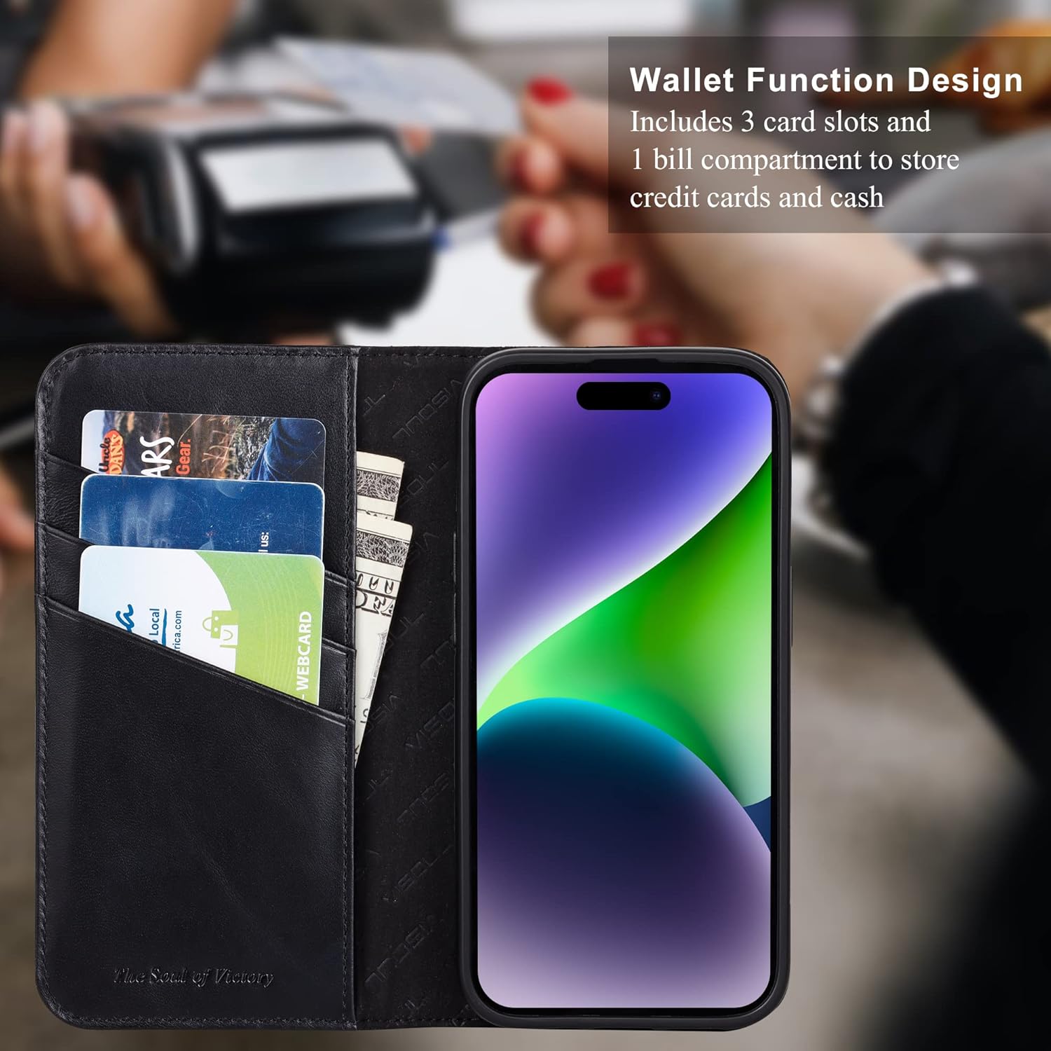 VISOUL Funda de piel auténtica compatible con el teléfono 15 Pro, funda magnética con tapa y soporte para tarjetas para mujeres y hombres, funda
