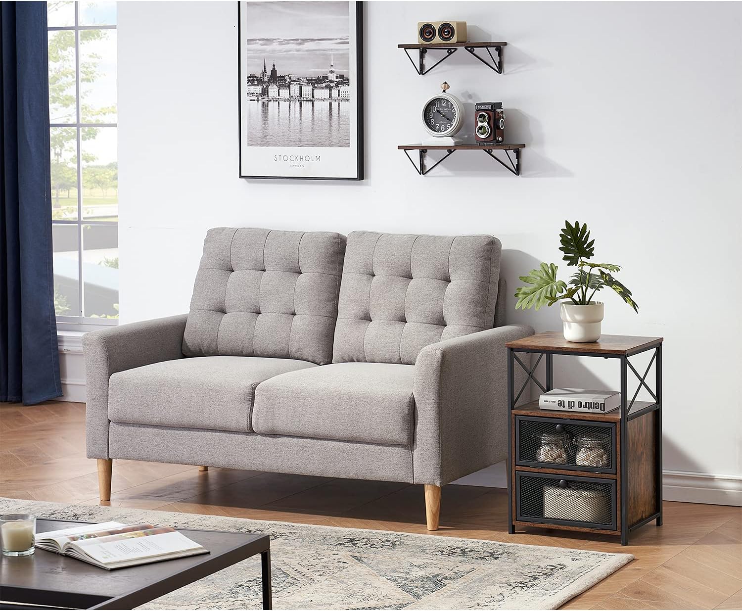 VECELO Moderna mesita de noche, mesa auxiliar con cajón abatible y lateral de diseño X para dormitorio, sala de estar, oficina, fácil montaje, marrón