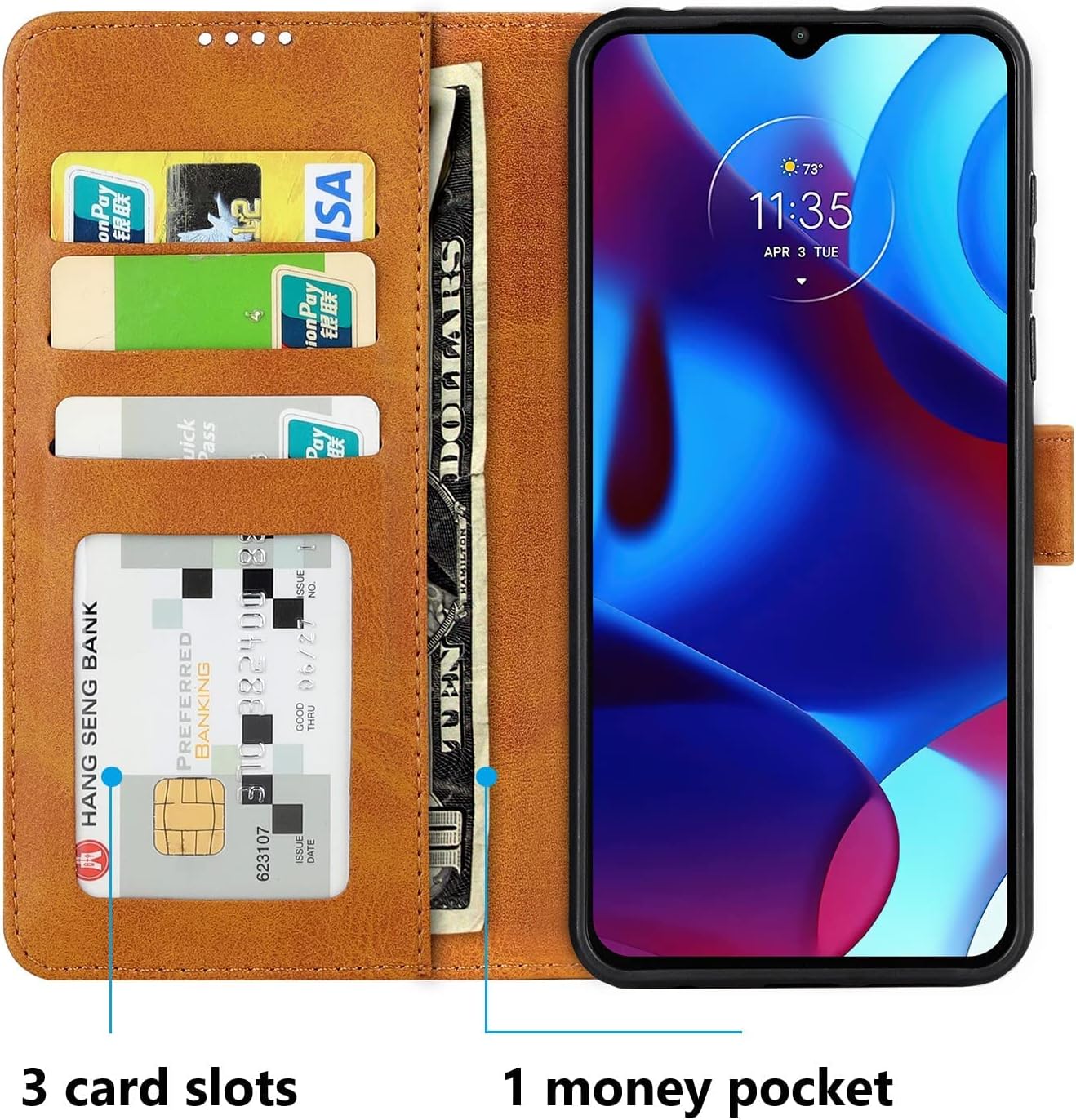 Funda para Moto G Pure (2021)Moto G Power (2022)Moto G Play (2023) Funda de piel sintética con tapa 3 ranuras para tarjetas, 1 bolsillo para dinero