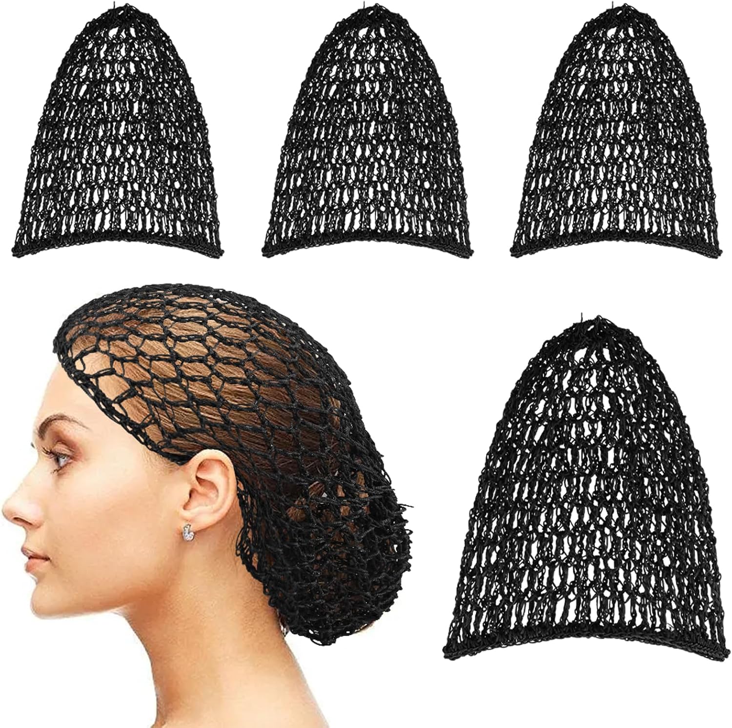 homfanseec 4 redes de malla para el cabello para mujeres que duermen, red de pelo de ganchillo de punto de rayón suave, adorno para cubrir el
