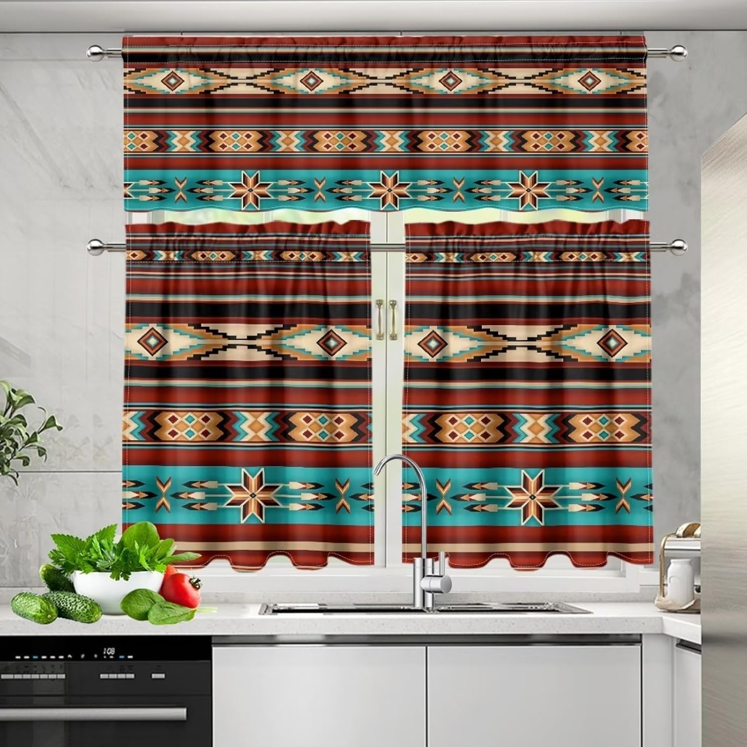 Gomyblomy Azteca – Juego de cortinas y cortinas con bolsillo para barra, juego de 3 cortinas de cocina, elegante y lavable, decoración del hogar,
