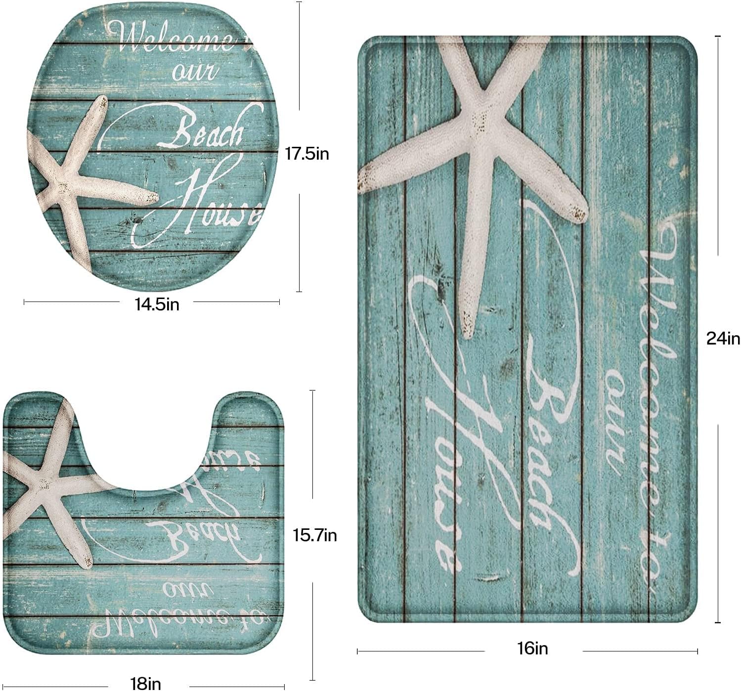Britimes Juego de 3 tapetes de baño para baño, 3 piezas, diseño de estrella de mar azul claro y texto, cubierta lavable, decoración para cocina,