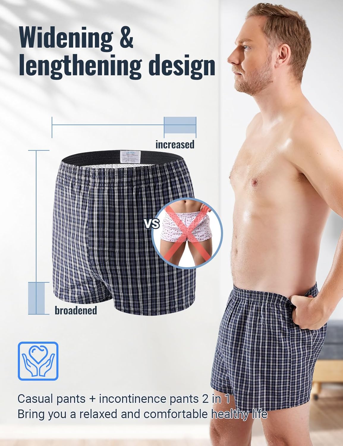 Paquete de 2 calzoncillos de incontinencia para hombre, reutilizables, lavables, para incontinencia urinaria, talla XL, cuadros azules