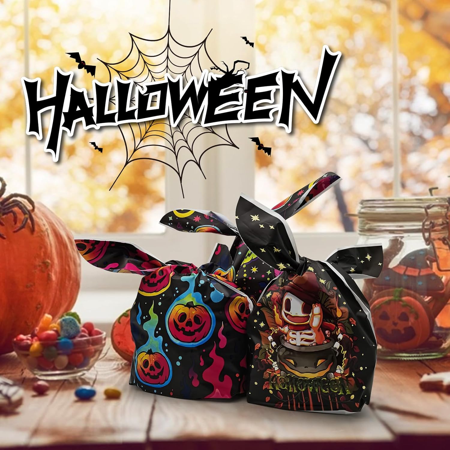 Bolsas de golosinas de Halloween, 100 unidades, pequeñas bolsas de golosinas de Halloween para niños, bolsas de dulces a granel, bolsas de plástico