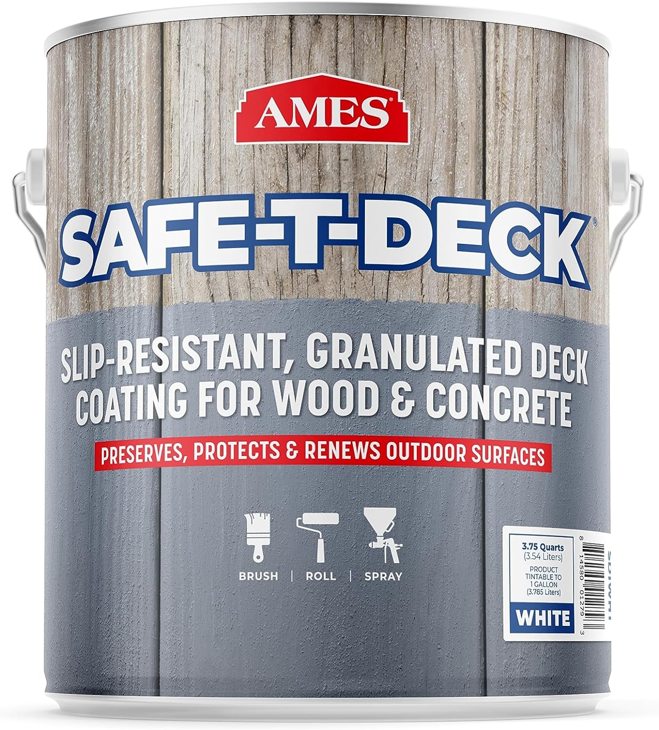Ames Safe-T-Deck – Pintura exterior de fórmula granulada, pintura blanca de 1 galón, ideal para porches, patios, terrazas, pasarelas y más,