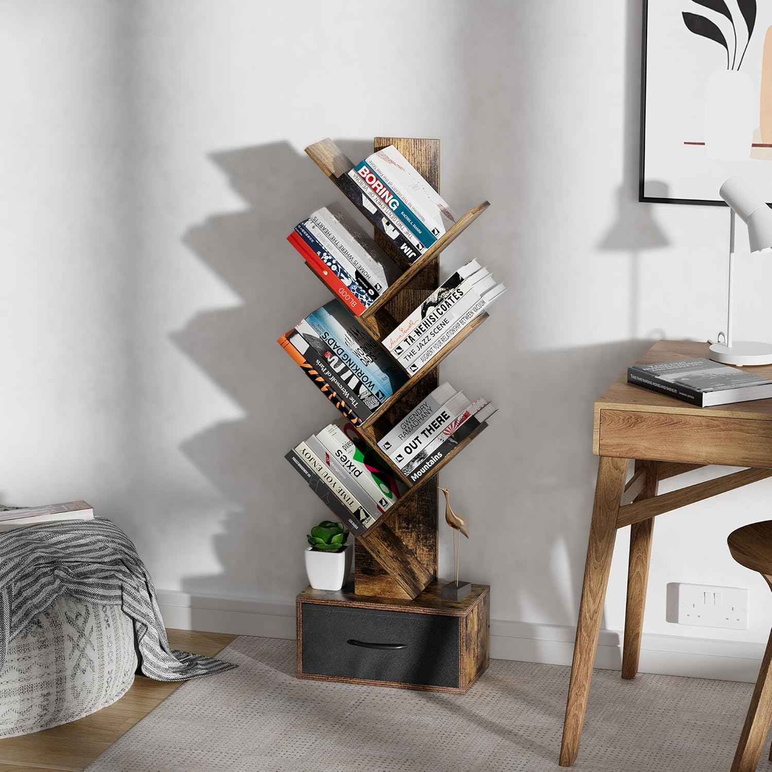 Egepon Estantería de árbol de 6 niveles con cajón, estante rústico marrón para libros, estante de almacenamiento de pie para CDs, películas, libros,