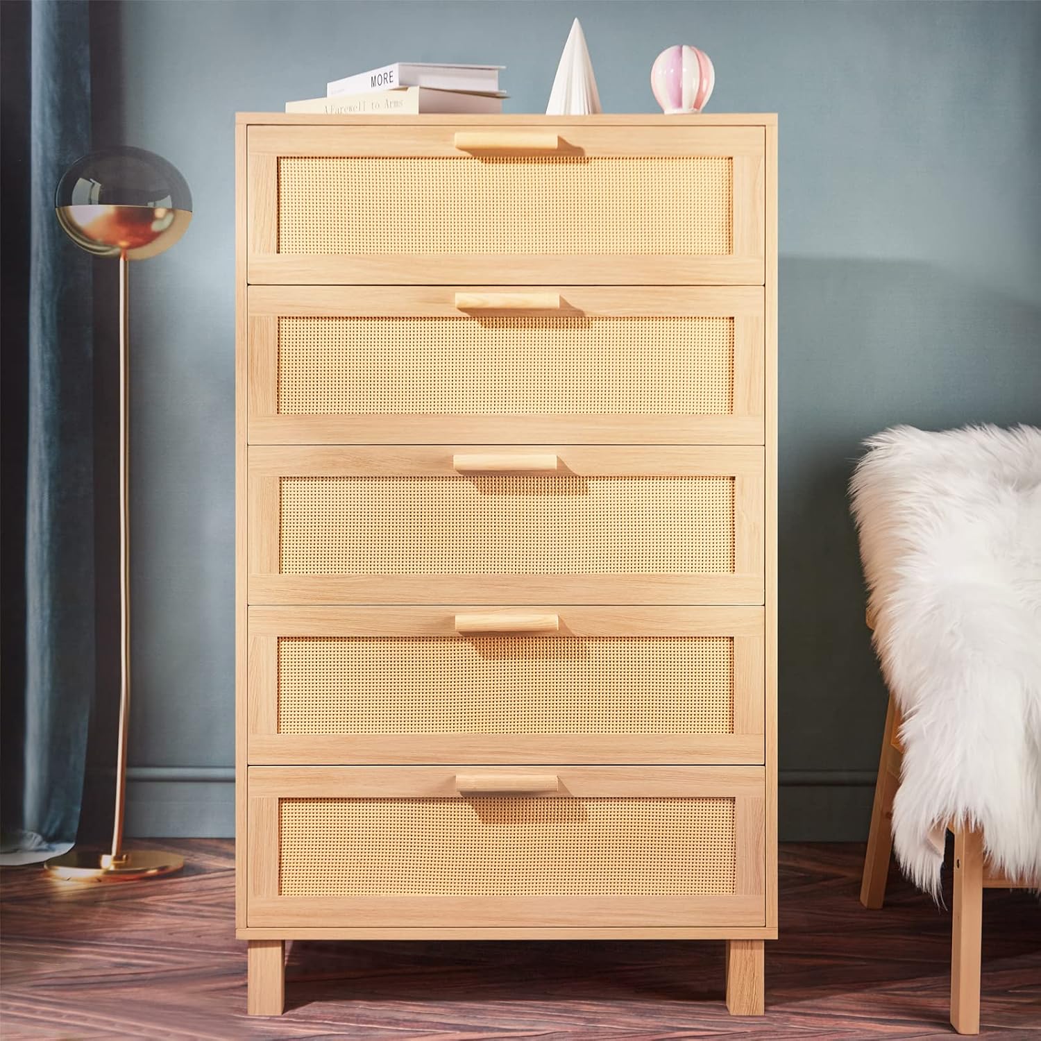 Cómoda de 5 cajones, cómoda, mesa de almacenamiento alta de ratán Hamilton, cómoda de roble para dormitorio, sala de estar