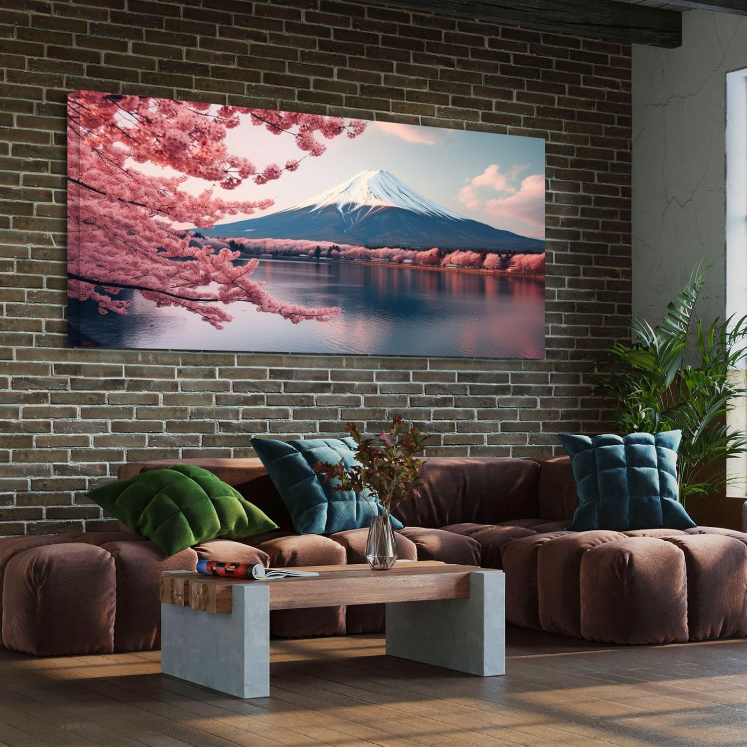 YONICA Arte de pared de montaña para decoración de sala de estar, oficina, paisaje con flores de cerezo rosa y monte Fuji impresión de imagen en