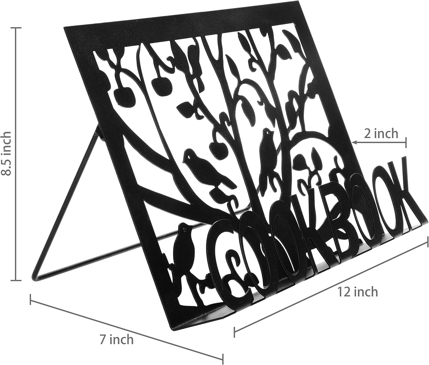 MyGift Soporte de metal negro para libros de cocina con recorte decorativo de palabras y diseño de silueta de árbol, soporte de caballete de tableta
