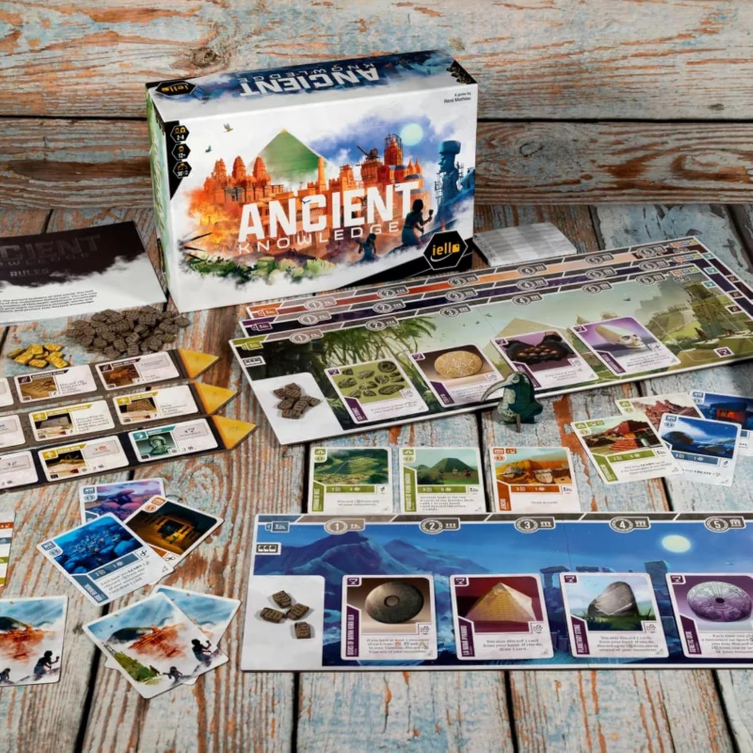 IELLO Ancient Knowledge – Juego de cartas de estrategia, edificio de Tableau, edades de 12 años, 2-4 jugadores, 30 minutos por jugador