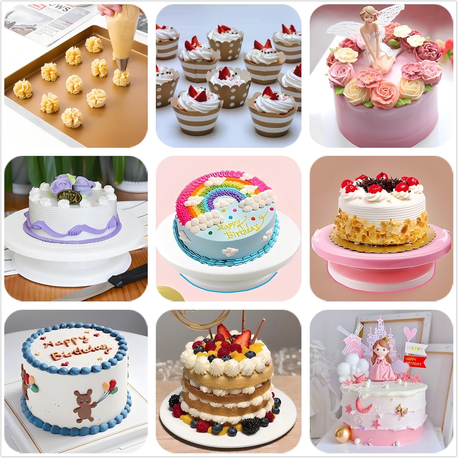 Kit de decoración de pasteles de 90 piezas con tocadiscos para pasteles, nivelador de pasteles, 24 puntas de glaseado numeradas, 2 espátulas, 3