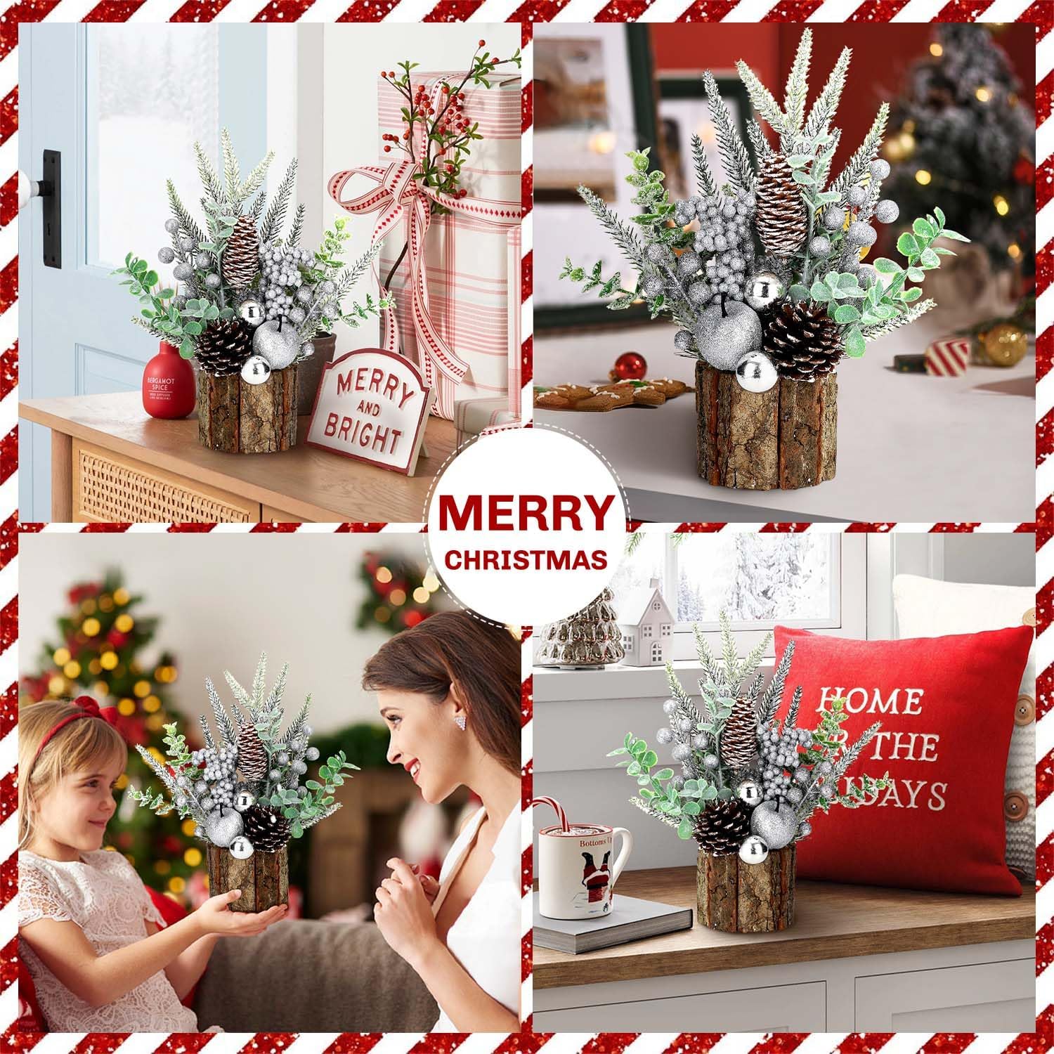 Pequeño árbol de Navidad artificial de mesa, mini decoración de árbol de Navidad con adornos navideños, conos de pino de bayas rojas, vegetación