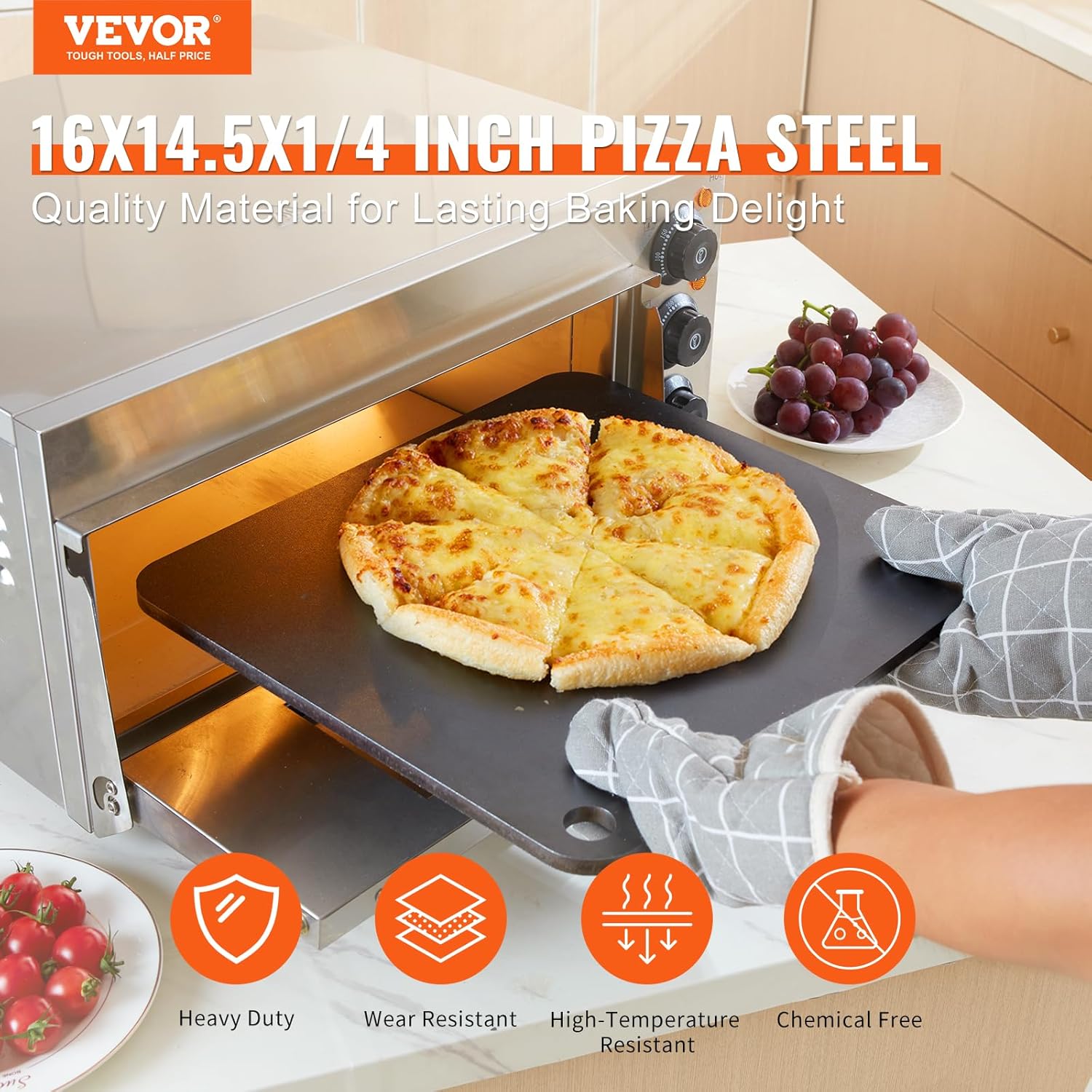 VEVOR Acero para pizza, placa de acero para pizza de 16 x 14.5 x 14 pulgadas para horno, piedra para hornear pizza de acero al carbono previamente