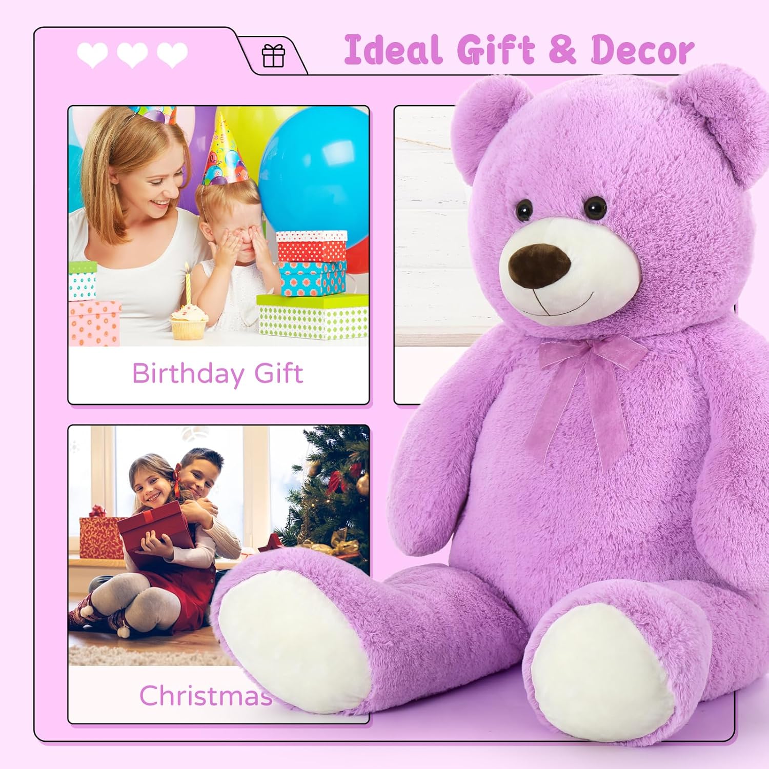 DOLDOA Oso de peluche gigante de 51 pulgadas, oso de peluche grande, oso de peluche grande calmante para niños, novia, baby shower, morado